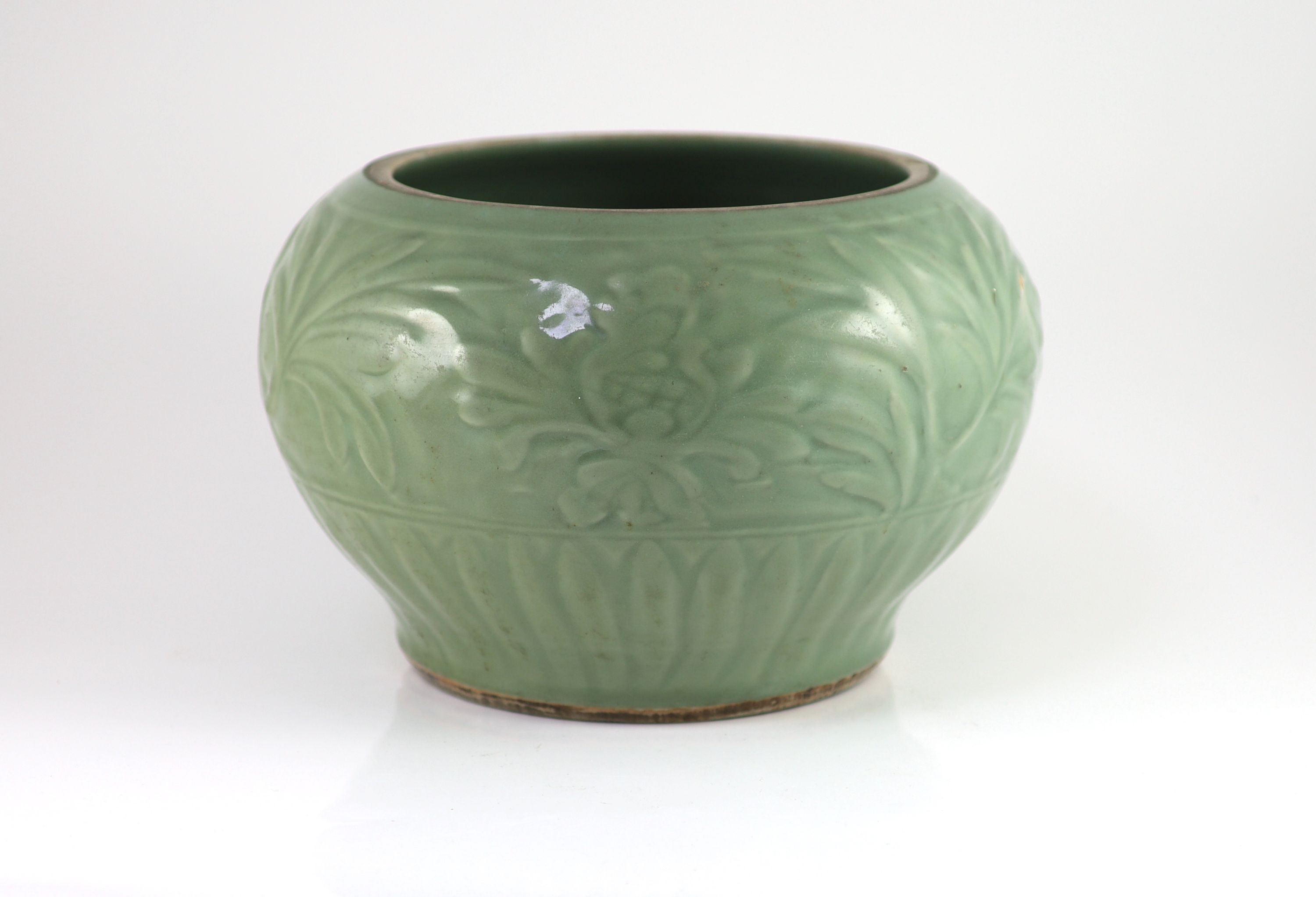 A large Chinese Longquan celadon jar, Guan, 14th century, 30.5 cm diameter, neck ground off